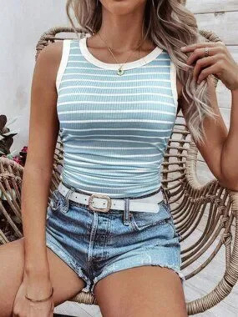 ZARA Blue Casual Women's Color-Block Striped Sleeveless Tank Top